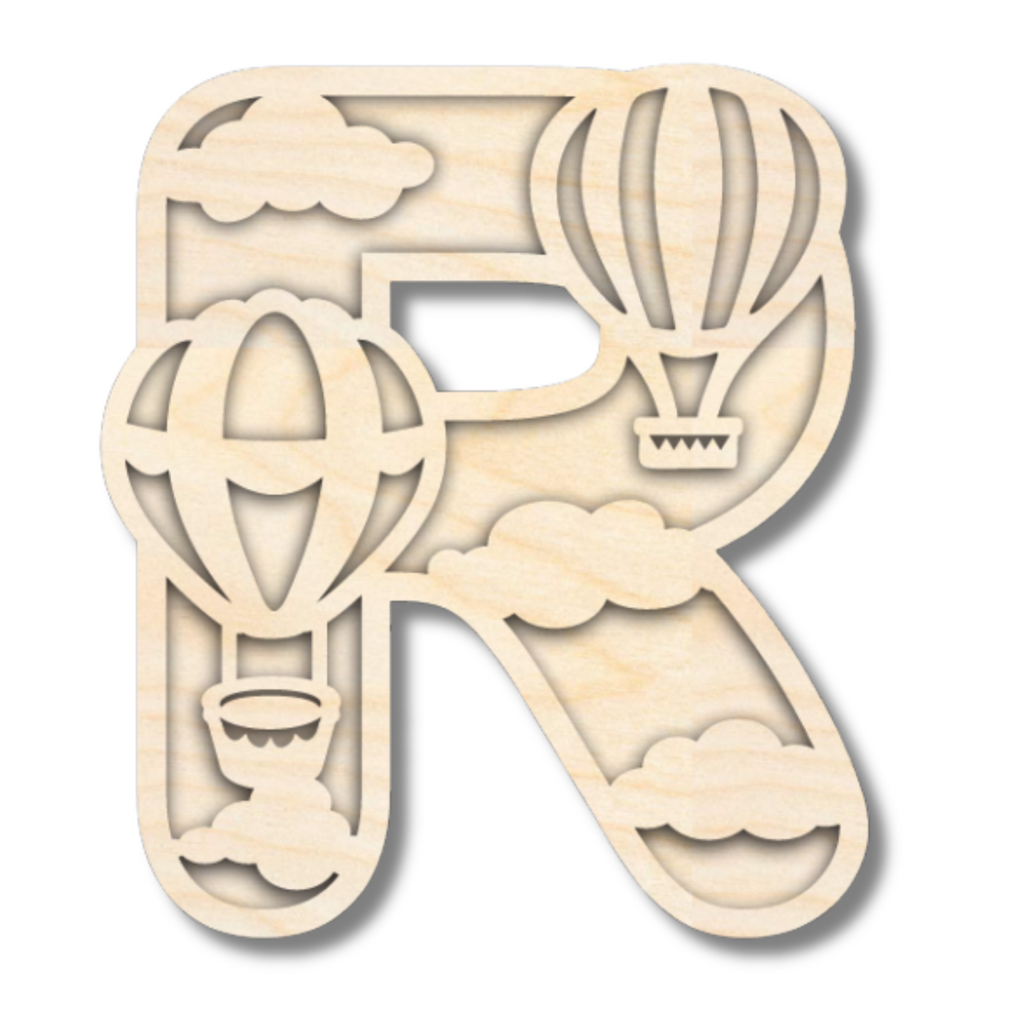 Unfinished Wood Layered Themed Letters | Clouds & Hot Air Balloons | A-Z | 2 Piece | up to 24"
