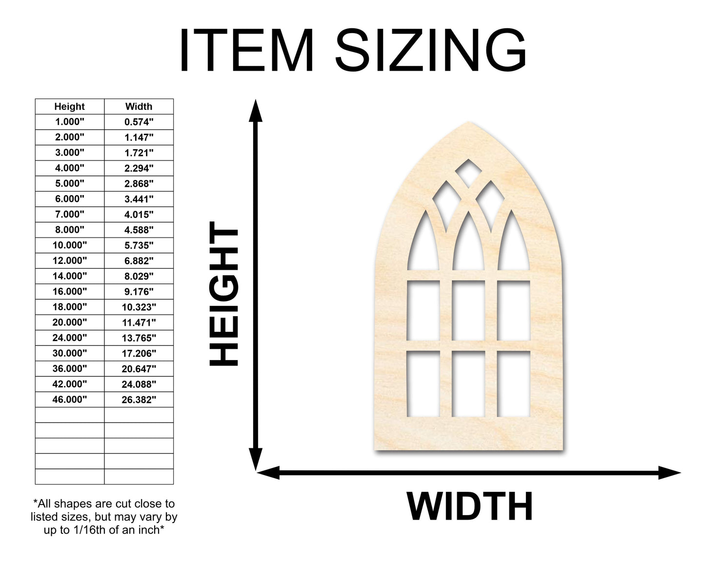Unfinished Wood Gothic Window Shape | Craft Cutout | up to 46" DIY