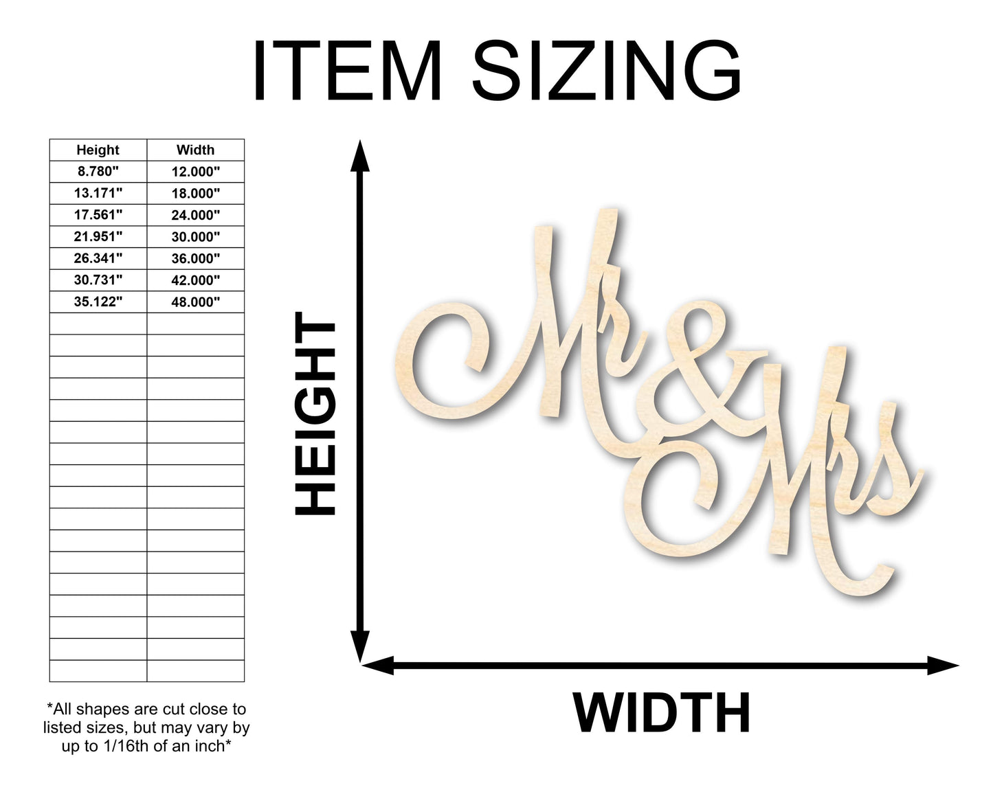 Unfinished Wood Mr Mrs Shape - DIY Wedding Craft - up to 46"
