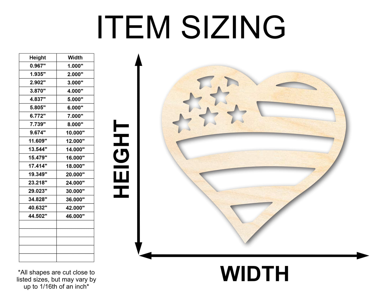 Unfinished Wood American Heart Flag Shape - USA Craft - up to 46"