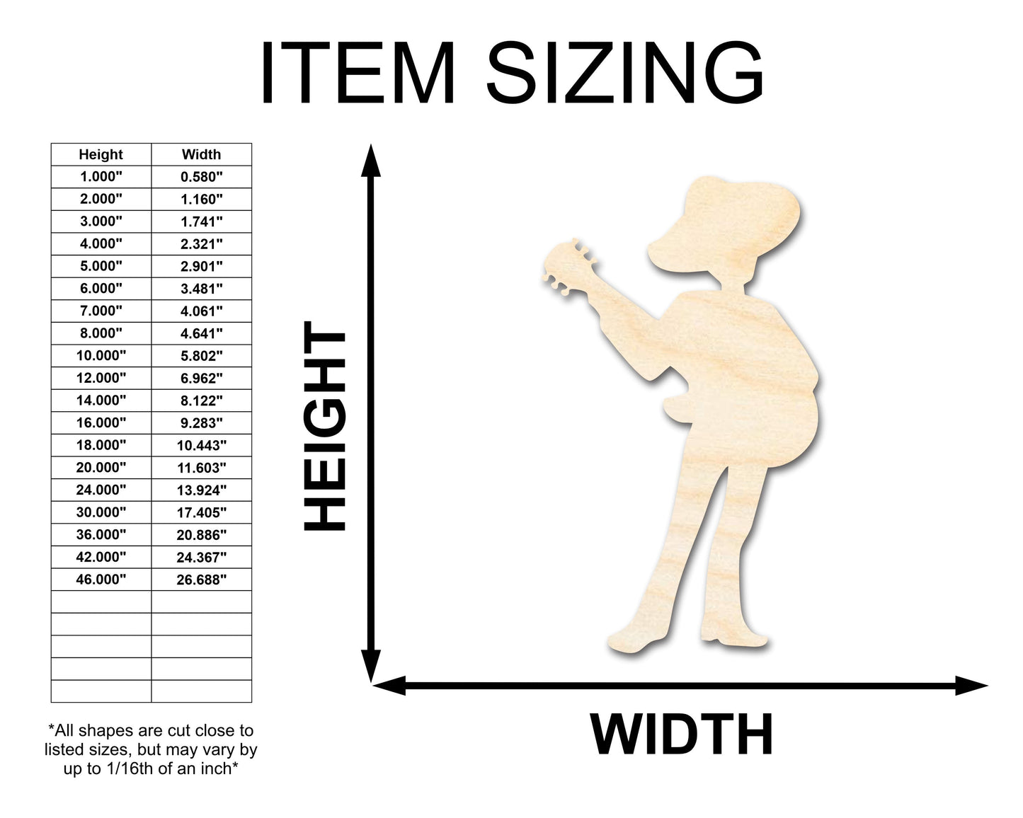 Unfinished Wood Mariachi Guitar Player Shape - Craft - up to 46"