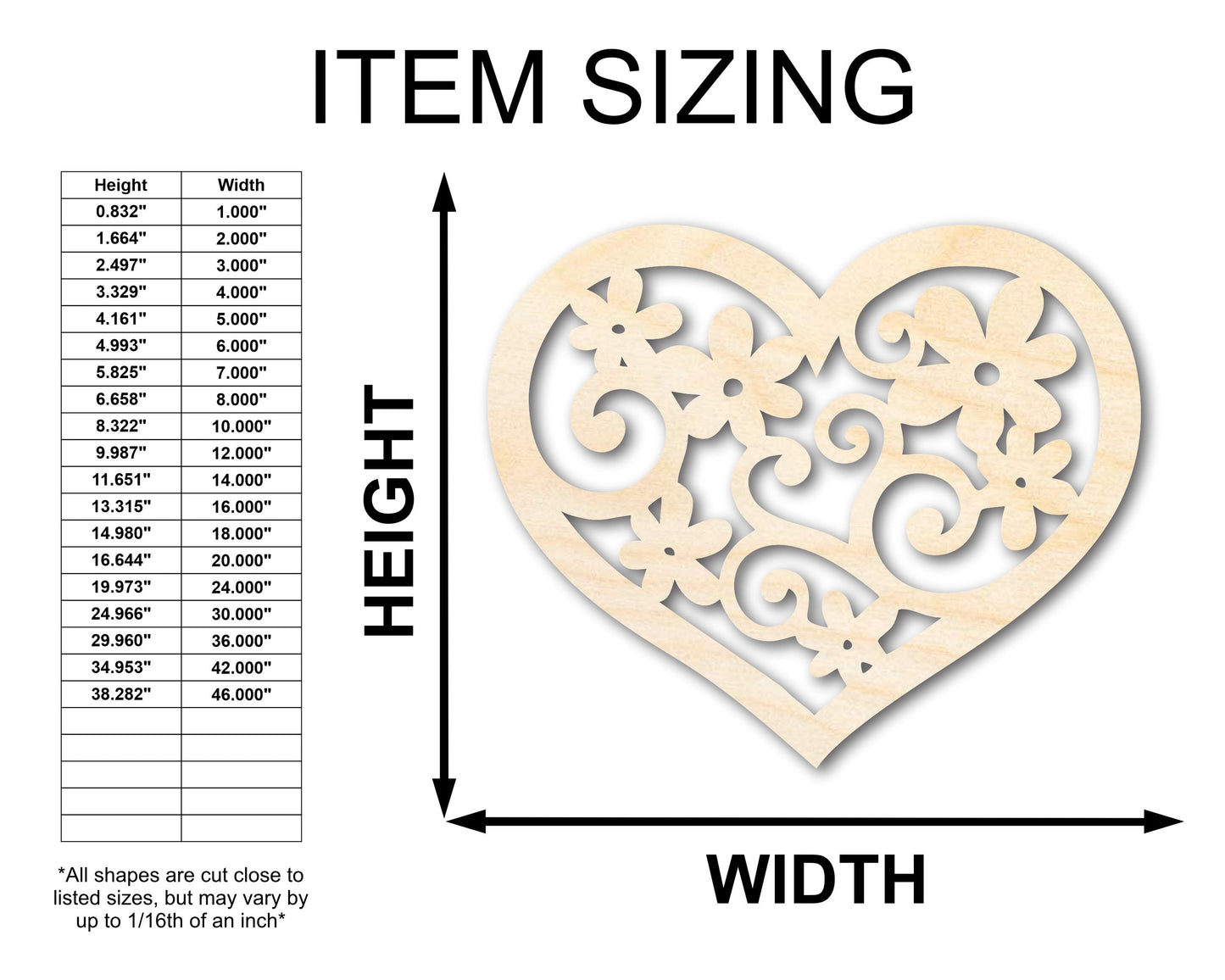 Unfinished Wood Flower Heart Shape - Craft - up to 46"