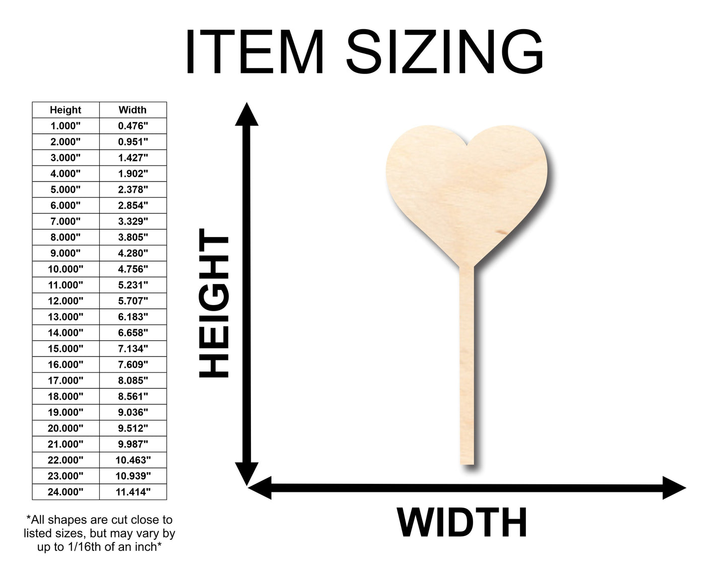 Unfinished Wood Heart Stick Lolipop Shape - Craft - up to 46" DIY