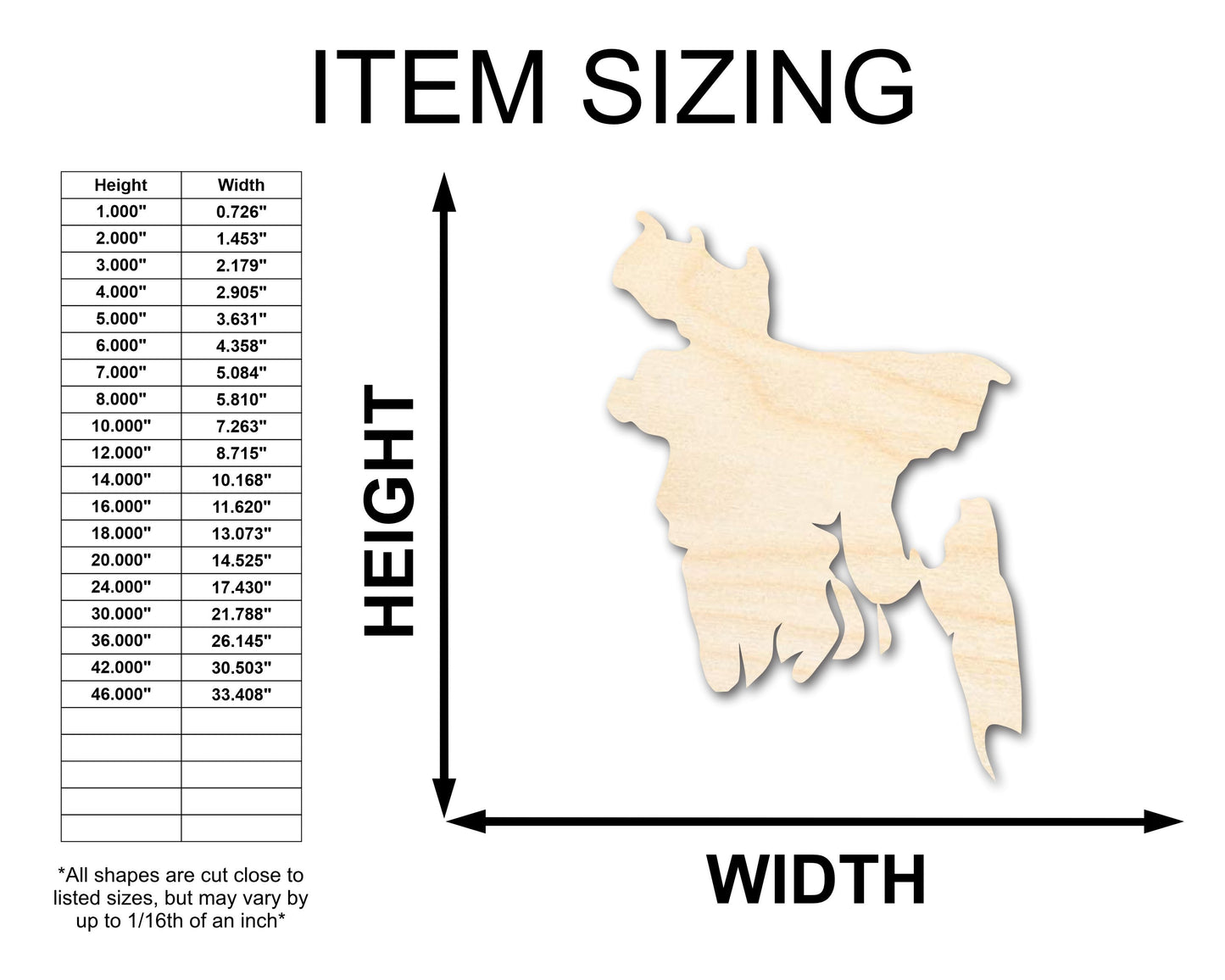 Unfinished Wood Bangladesh Country Shape - South Asia Craft - up to 46" DIY