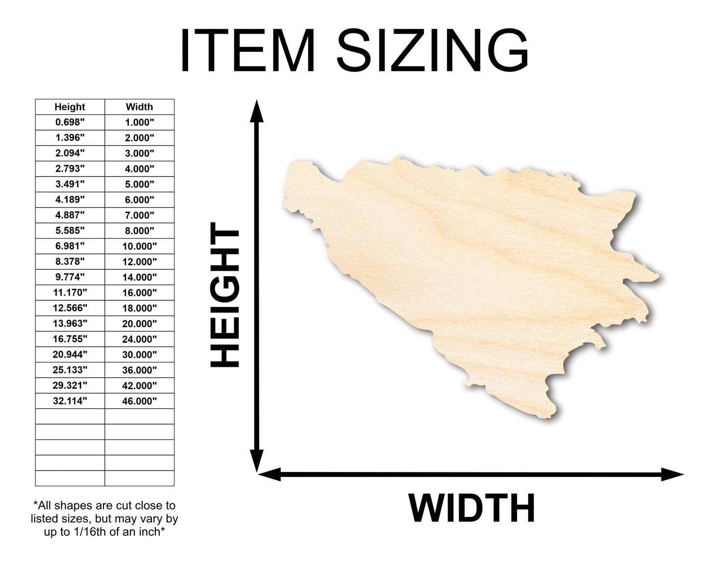 Unfinished Wood Bosnia and Herzegovina Country Shape - Southeast Europe Craft - up to 46" DIY