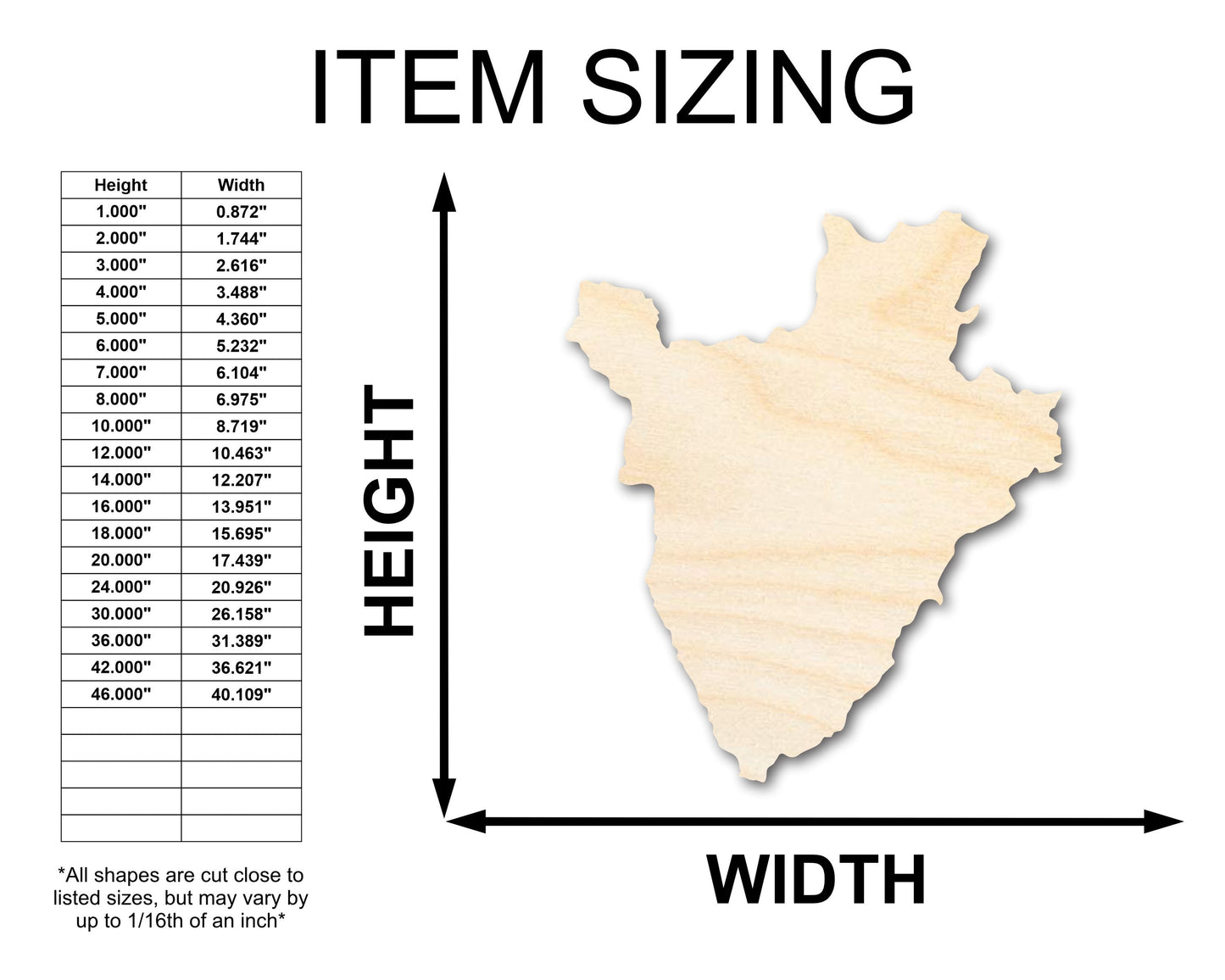 Unfinished Wood Burundi Country Shape - East Africa Craft - up to 46" DIY