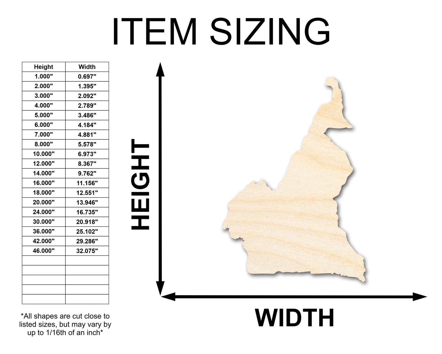 Unfinished Wood Cameroon Country Shape - Central Africa Craft - up to 46" DIY