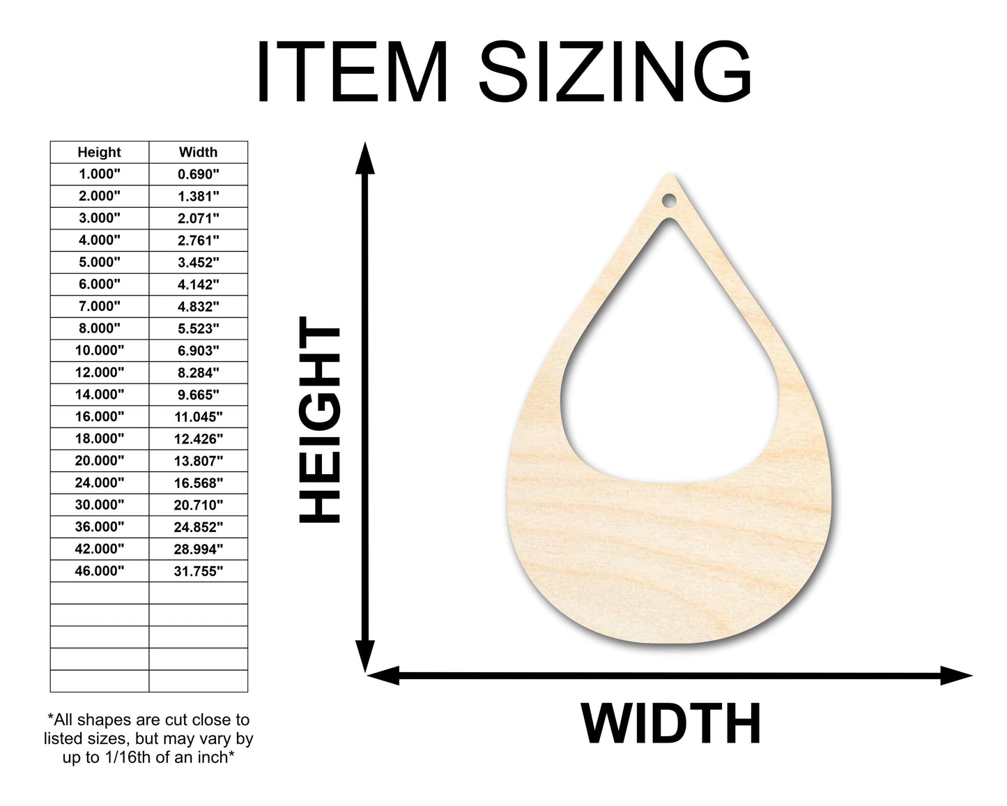 Unfinished Wood Hollow Teardrop Earring Blank Pair - DIY Jewelry Craft - Available in 1" to 3"