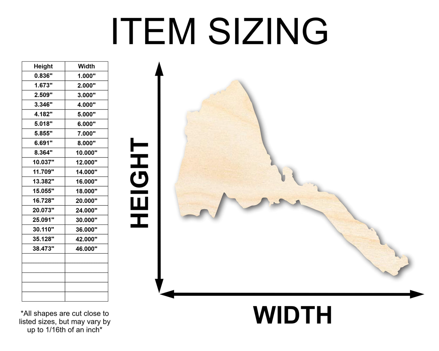 Unfinished Wood Eritrea Country Shape - East African Craft - up to 46" DIY