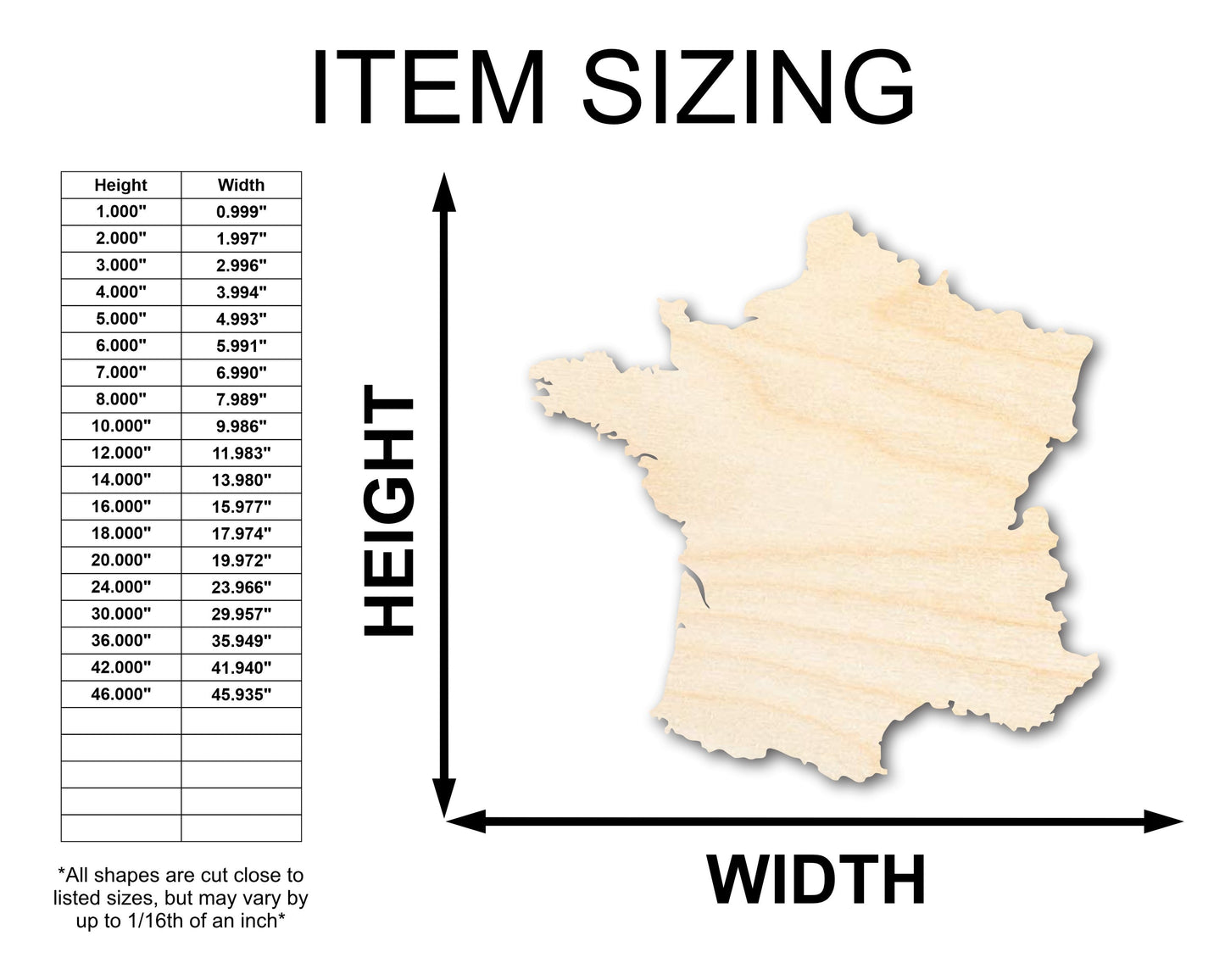 Unfinished Wood France Country Shape - European Craft - up to 46" DIY