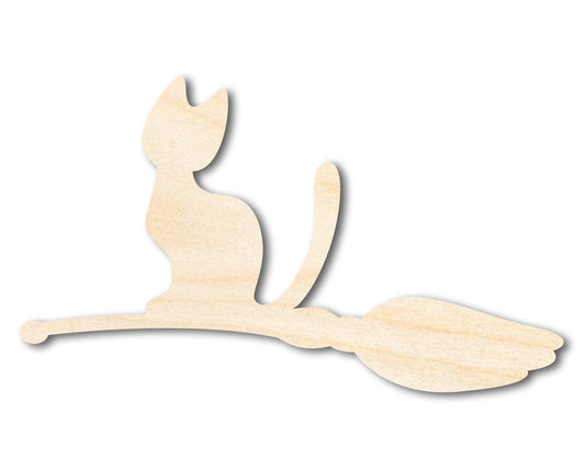 Unfinished Wood Cat on Broom Shape | DIY Halloween Cat Craft Cutout | up to 46" DIY