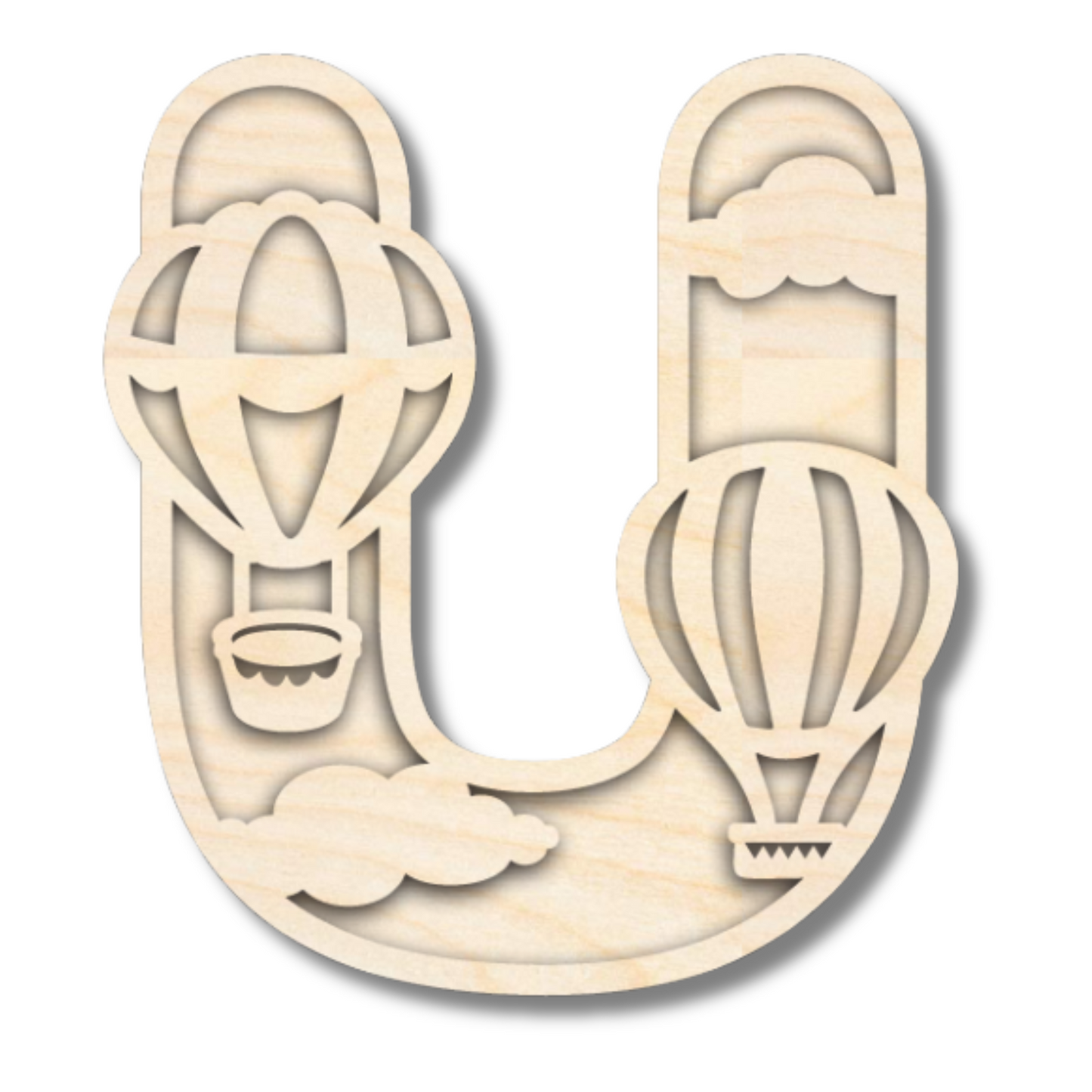 Unfinished Wood Layered Themed Letters | Clouds & Hot Air Balloons | A-Z | 2 Piece | up to 24"