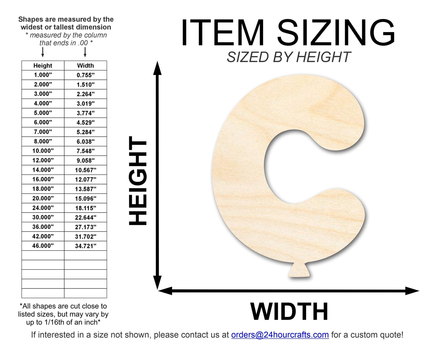 Unfinished Wood Balloon Letter C Shape | DIY Craft Cutout | up to 46" DIY