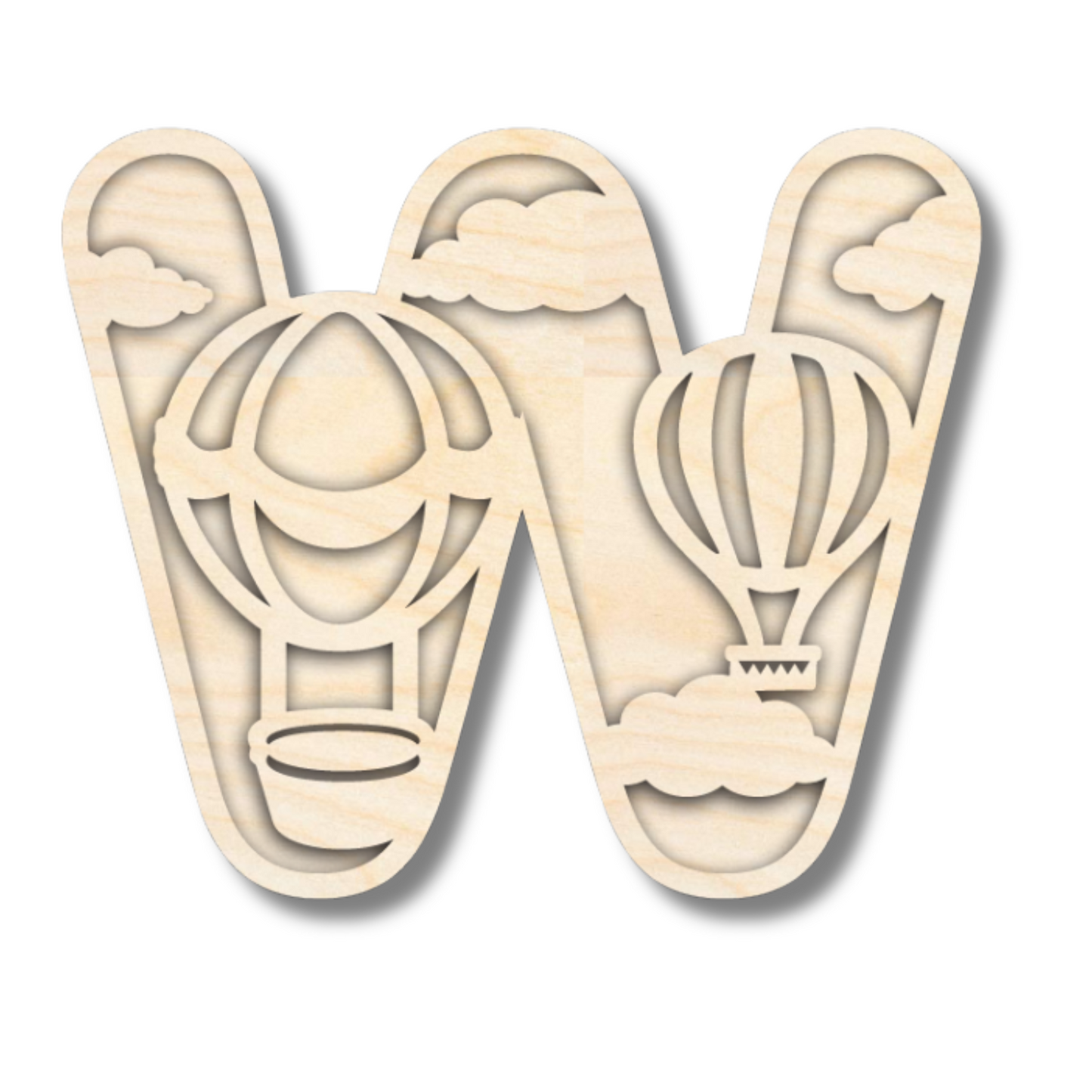 Unfinished Wood Layered Themed Letters | Clouds & Hot Air Balloons | A-Z | 2 Piece | up to 24"