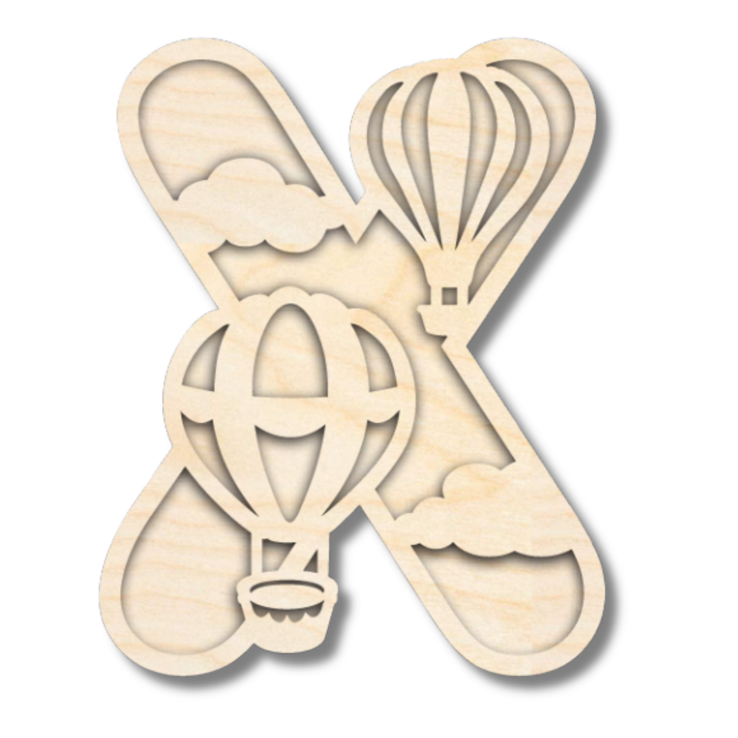 Unfinished Wood Layered Themed Letters | Clouds & Hot Air Balloons | A-Z | 2 Piece | up to 24"