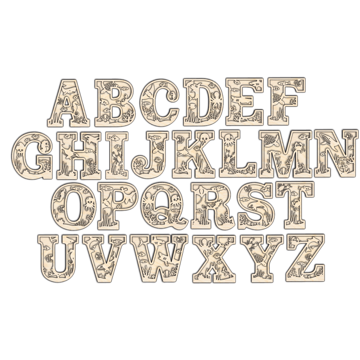 Unfinished Wood Layered Themed Letters | Ocean | A-Z | 2 Piece | up to 24"