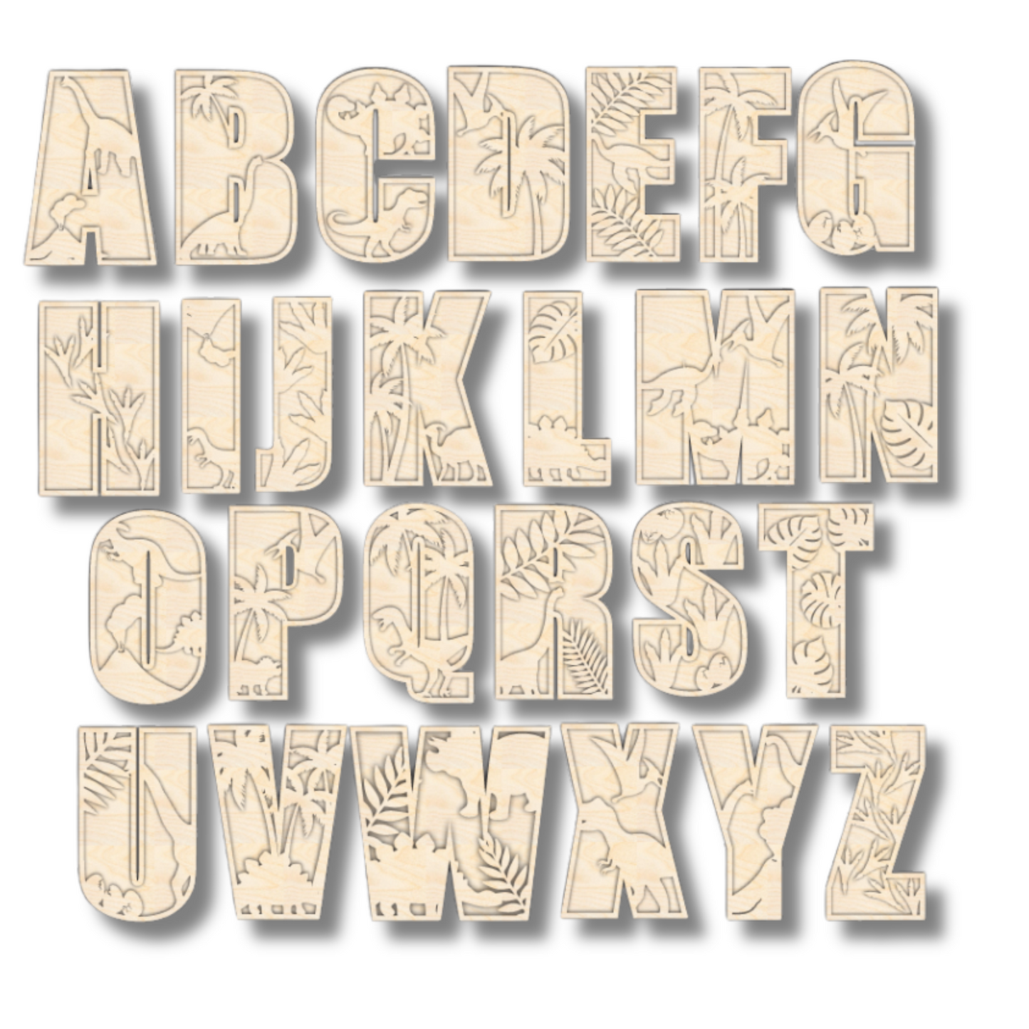 Unfinished Wood Layered Themed Letters | Dinosaur | A-Z | 2 Piece | up to 24"