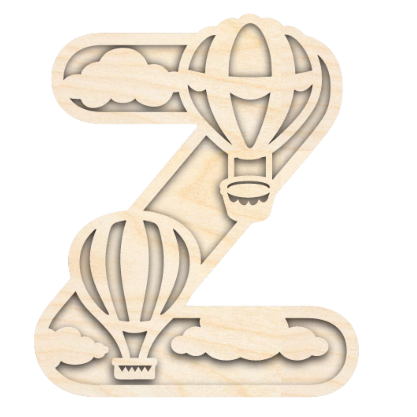 Unfinished Wood Layered Themed Letters | Clouds & Hot Air Balloons | A-Z | 2 Piece | up to 24"
