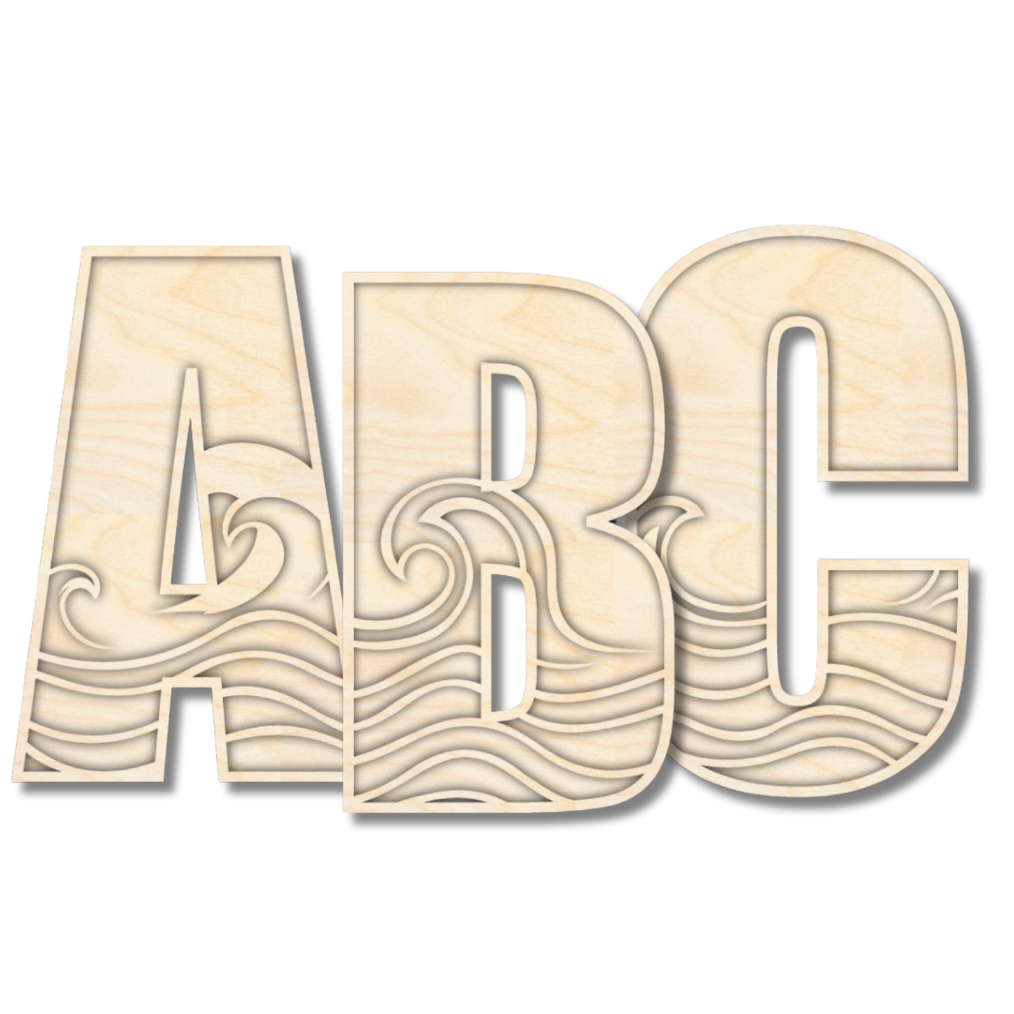 Unfinished Wood Layered Themed Letters | Wave | A-Z | 2 Piece | up to 24"