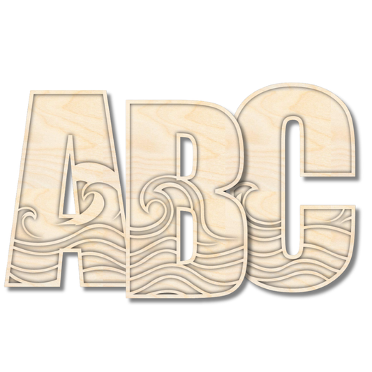 Unfinished Wood Layered Themed Letters | Wave | A-Z | 2 Piece | up to 24"