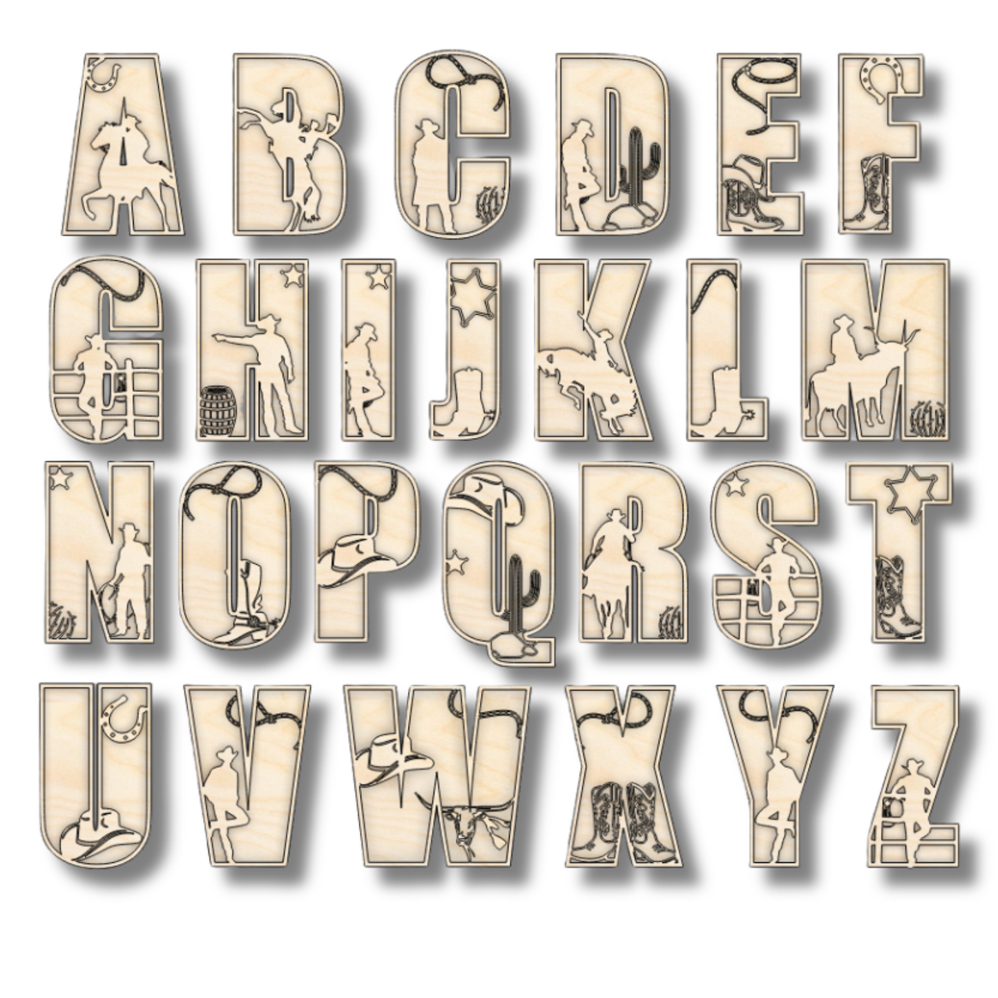 Unfinished Wood Layered Themed Letters | Rodeo | A-Z | 2 Piece | up to 24"