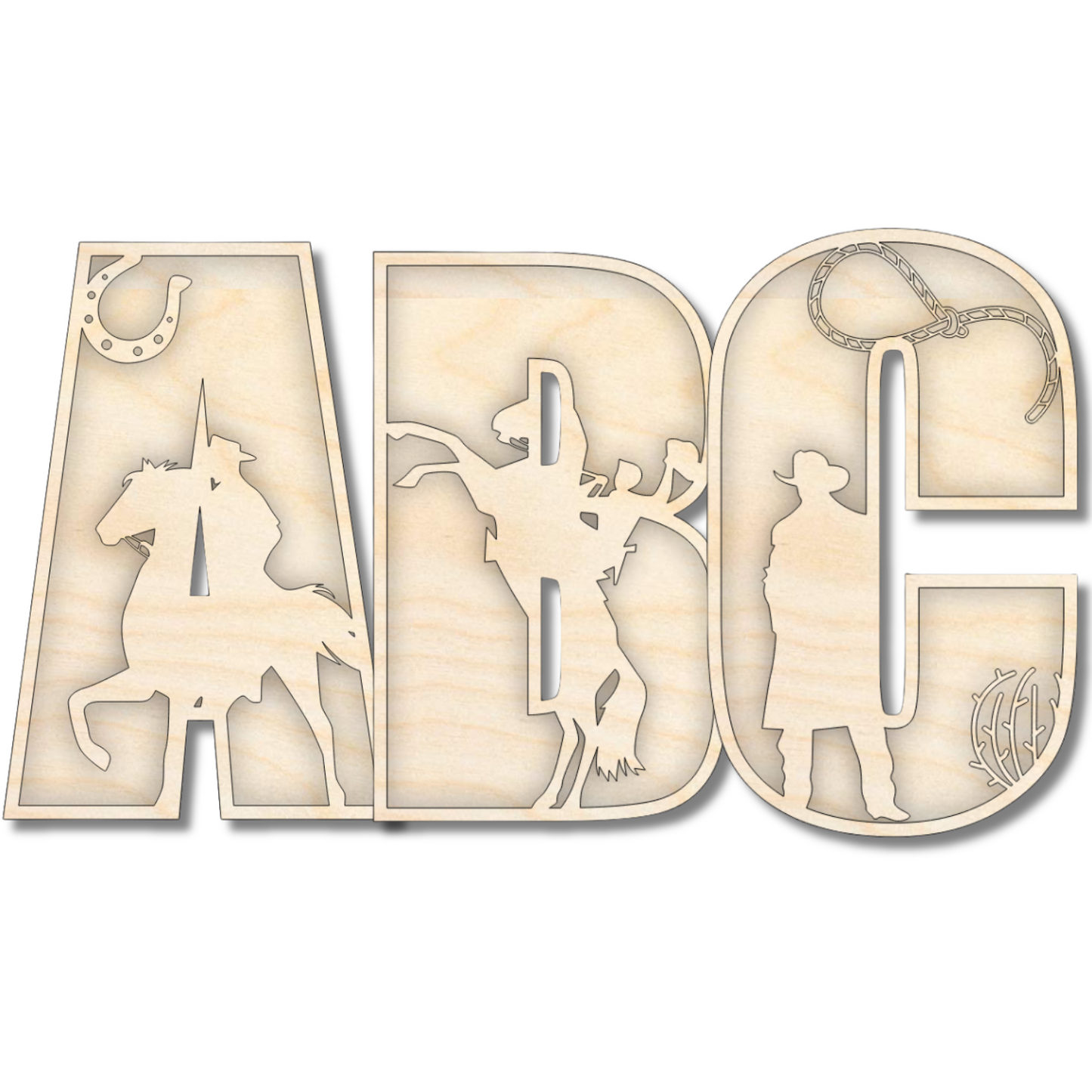 Unfinished Wood Layered Themed Letters | Rodeo | A-Z | 2 Piece | up to 24"