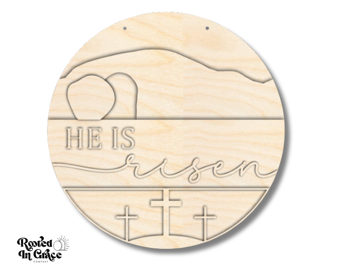 Unfinished Wood Minimalist He Is Risen Door Sign Kit | Rooted in Faith | 18" | Wood Craft Cutouts | 1/4" Thick |