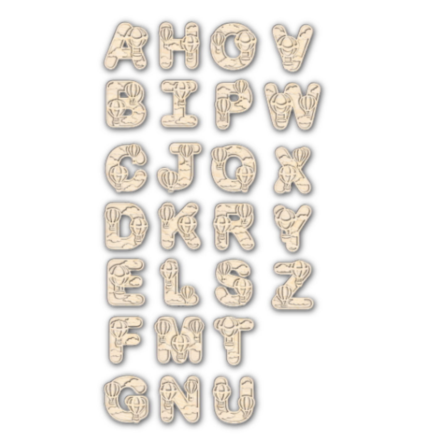 Unfinished Wood Layered Themed Letters | Clouds & Hot Air Balloons | A-Z | 2 Piece | up to 24"