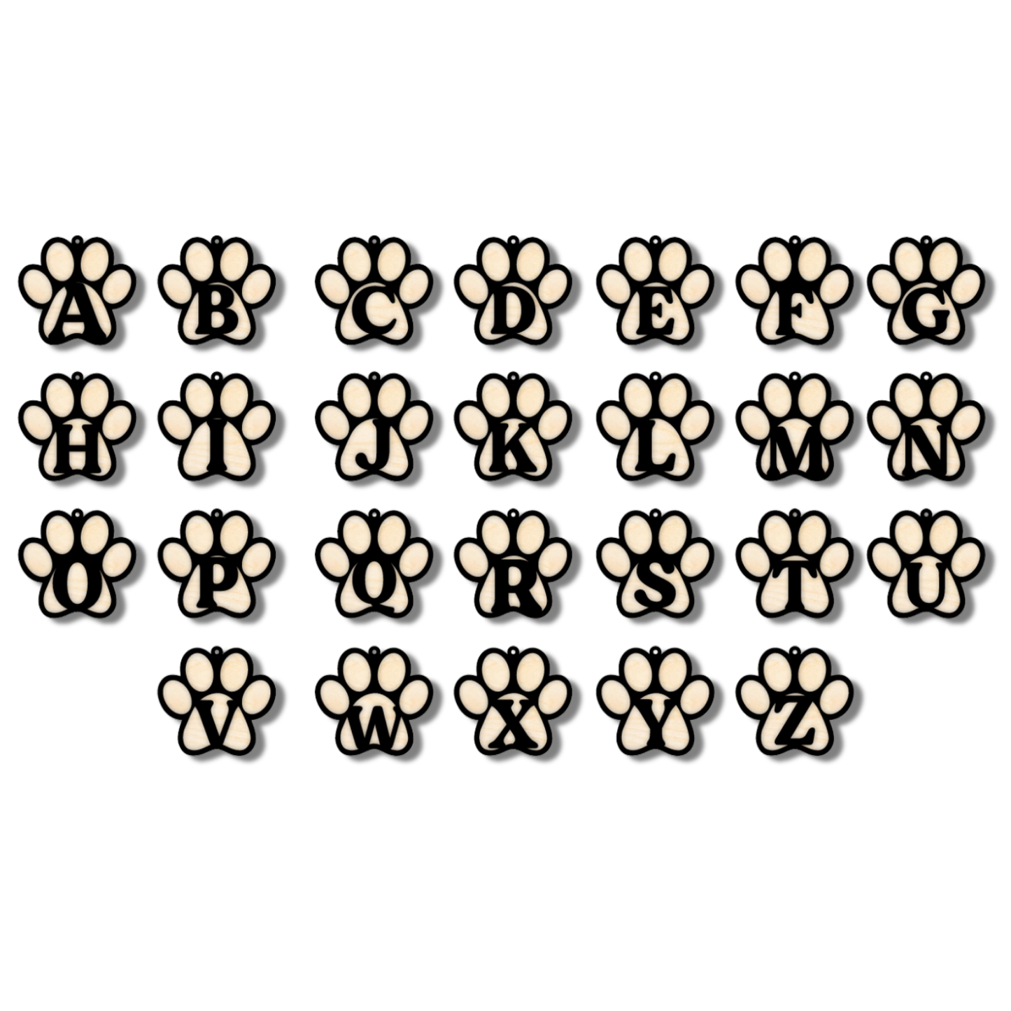 Unfinished Wood Layered Letter Paw Print Tags | A-Z | 2 Piece | 5" Wide | 1/8" Wood | Wood Craft DIY