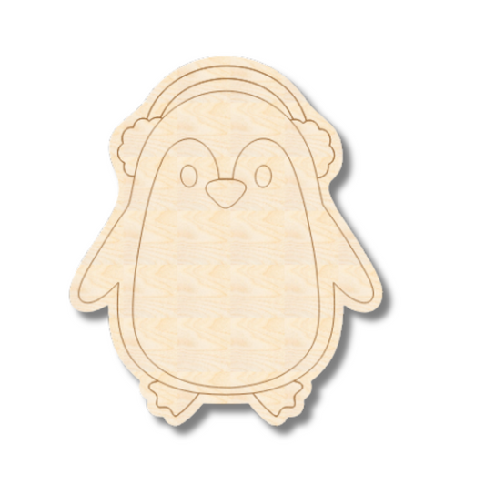 Unfinished Wood Etched Penguin with Earmuffs Shape | Paint By Line Crafts | up to 30" DIY