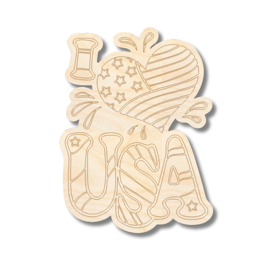 Unfinished Wood Etched I Heart USA Shape | Paint By Line Crafts | up to 30" DIY