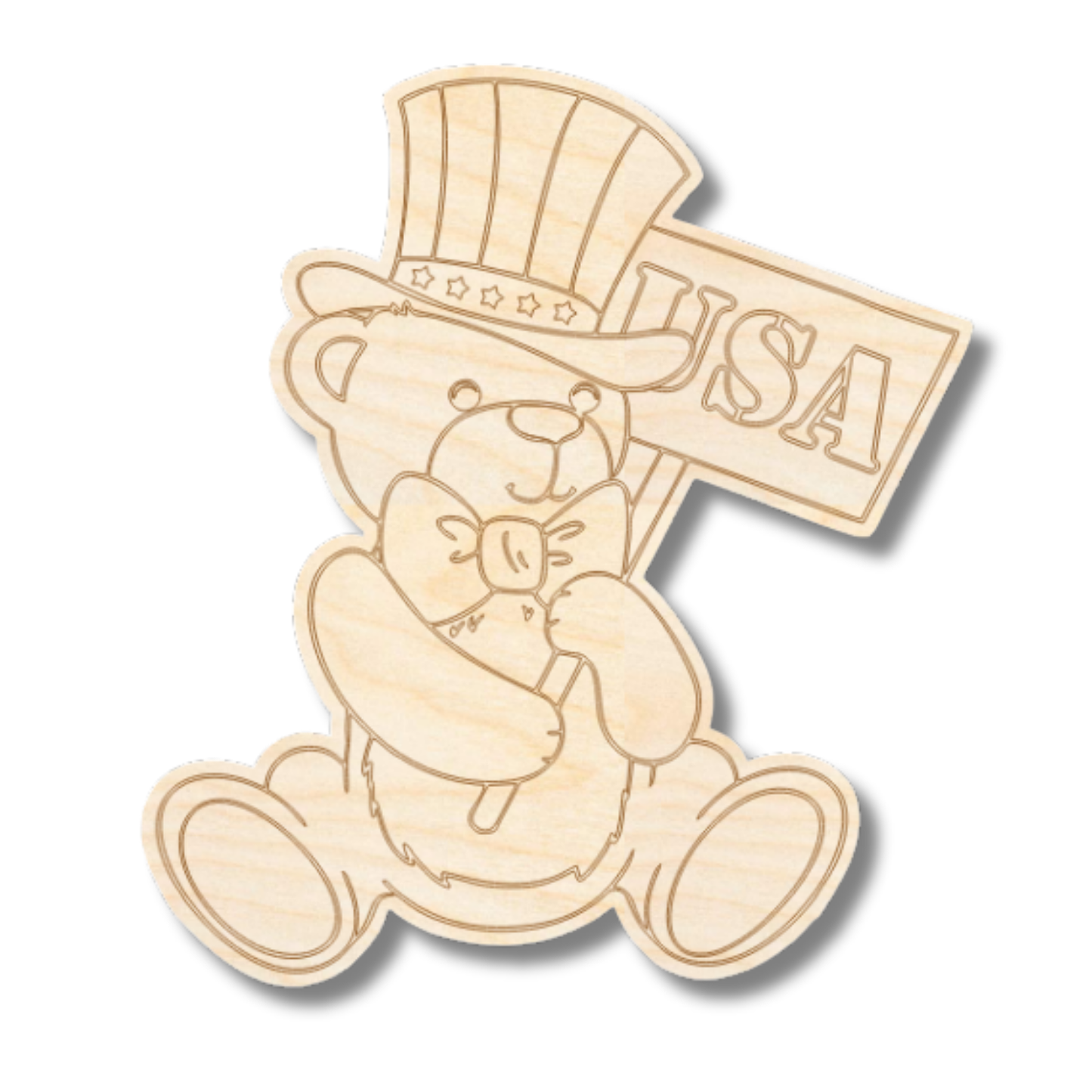 Unfinished Wood Etched Patriotic Bear Shape | Paint By Line Crafts | up to 30" DIY