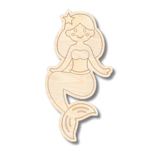 Unfinished Wood Etched Princess Sitting Mermaid Shape | Paint By Line Crafts | up to 30" DIY