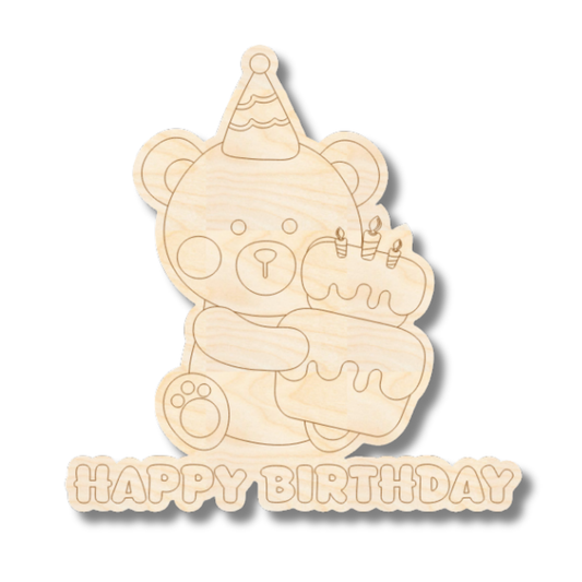 Unfinished Wood Etched Birthday Bear with Cake Shape | Paint By Line Crafts | up to 30" DIY