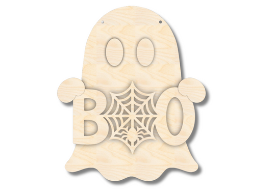 Unfinished Wood Ghost Holding Boo Door Sign Kit | Wood Craft Cutouts | 1/4" Thick |