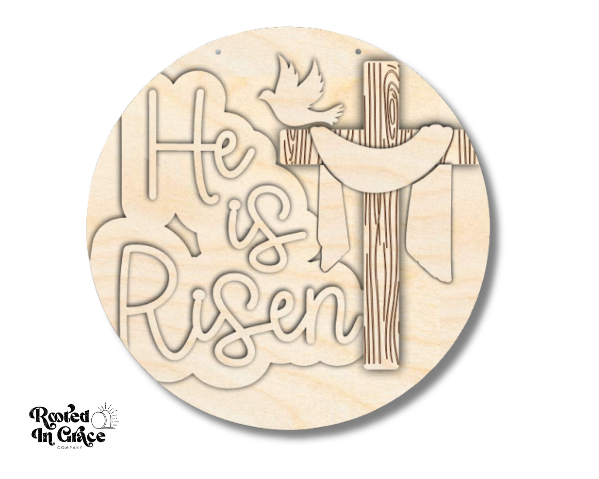 Unfinished Wood He Is Risen Cross Door Sign Kit | Rooted in Faith | 18" | Wood Craft Cutouts | 1/4" Thick |