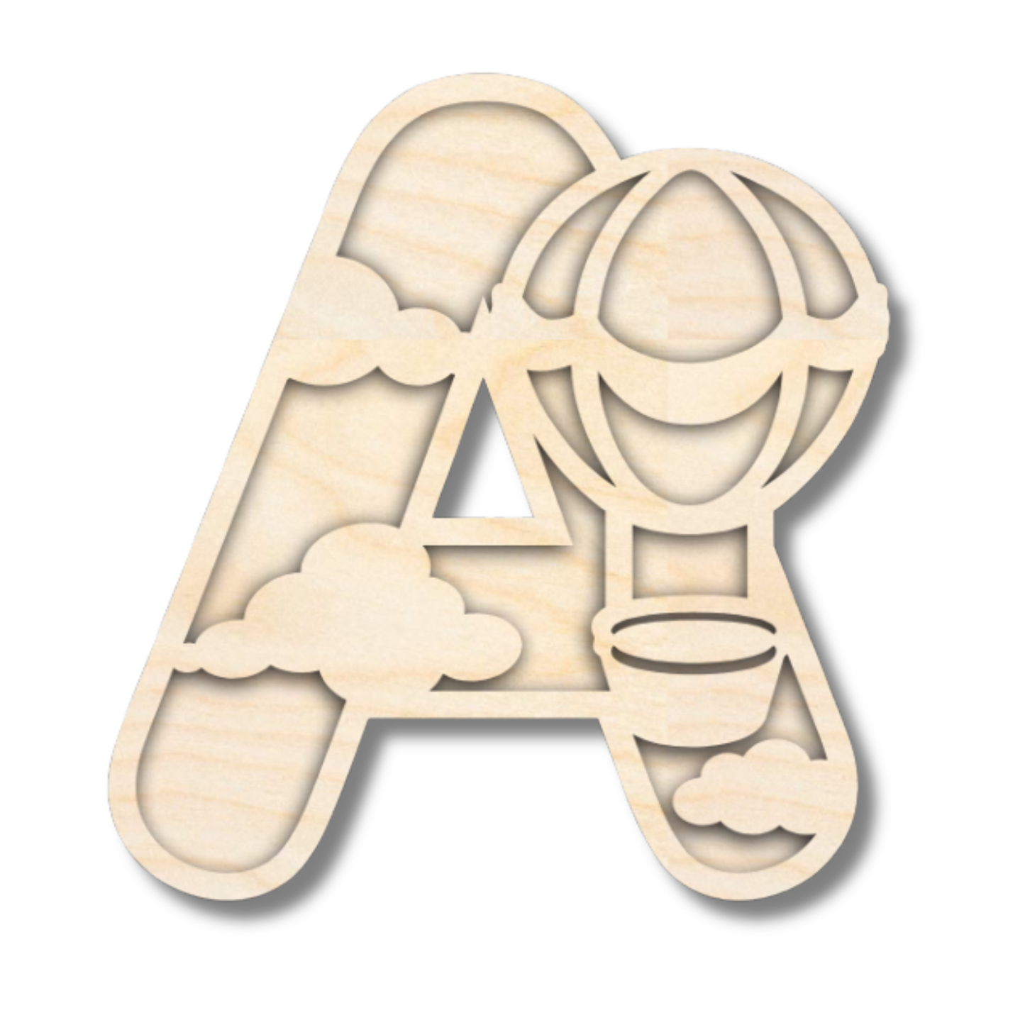 Unfinished Wood Layered Themed Letters | Clouds & Hot Air Balloons | A-Z | 2 Piece | up to 24"