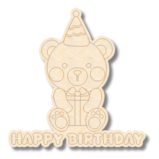 Unfinished Wood Etched Birthday Bear with Gift Shape | Paint By Line Crafts | up to 30" DIY