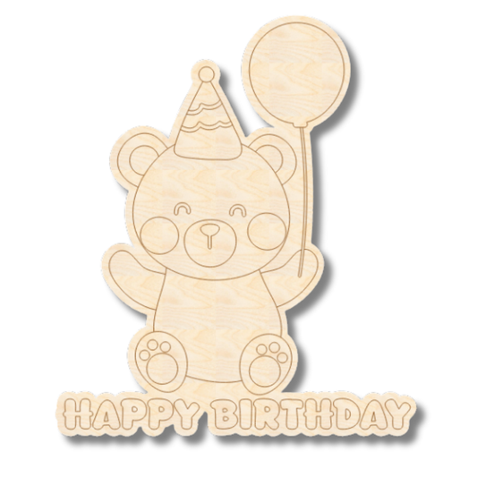 Unfinished Wood Etched Birthday Bear with Balloon Shape | Paint By Line Crafts | up to 30" DIY