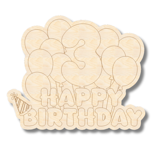 Unfinished Wood Etched 3rd Birthday Balloons Shape | Paint By Line Crafts | up to 30" DIY