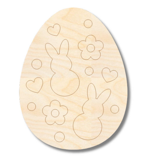 Unfinished Wood Etched Flower And Bunny Pattern Egg Shape | Paint By Line Crafts | up to 30" DIY