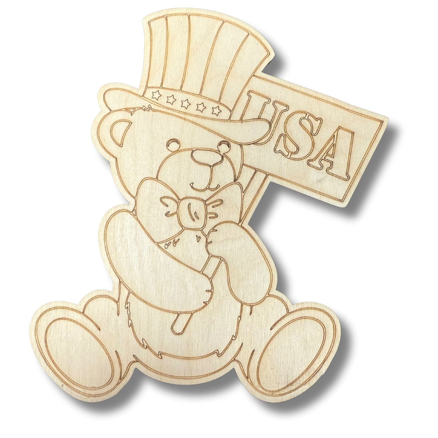 Unfinished Wood Etched Patriotic Bear Shape | Paint By Line Crafts | up to 30" DIY