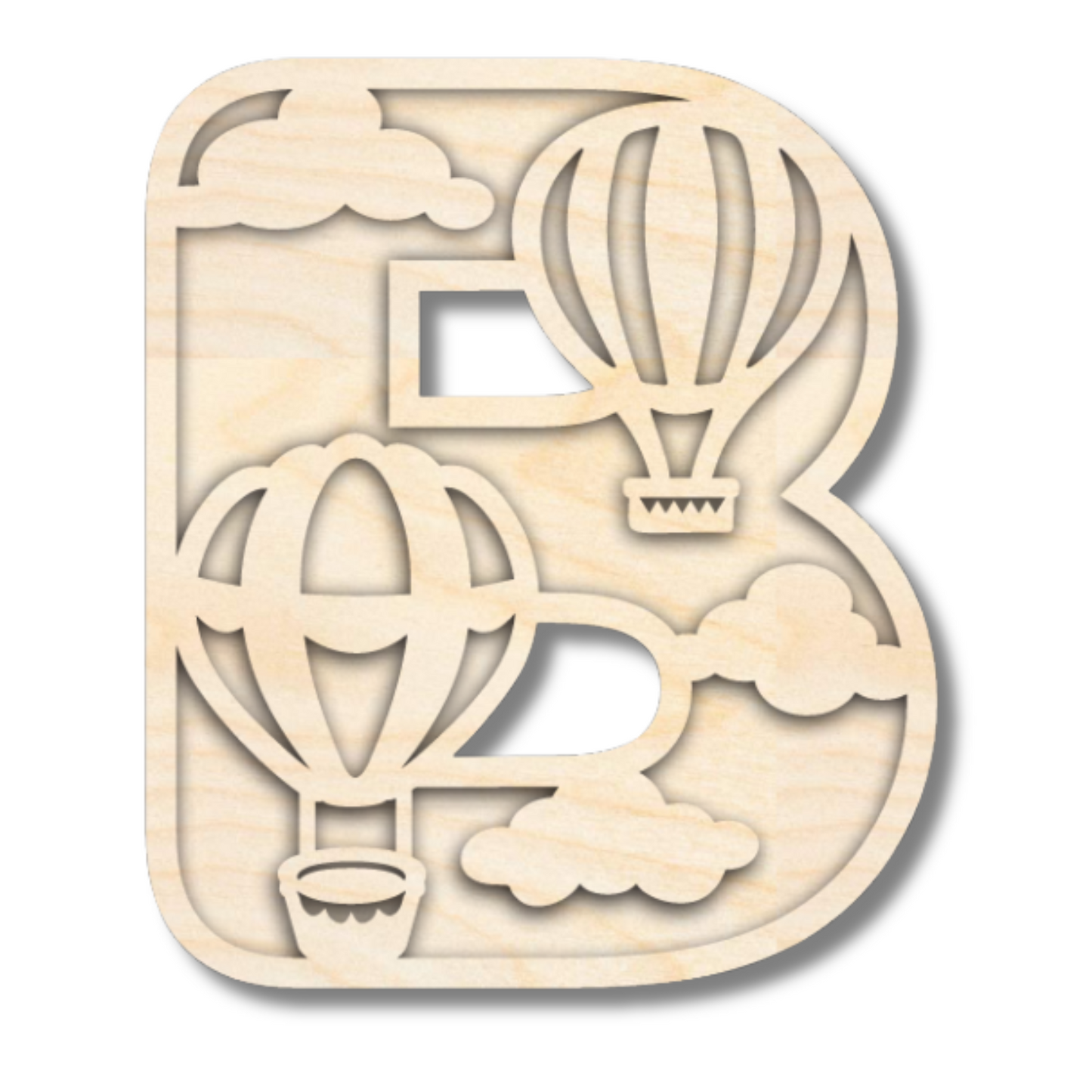 Unfinished Wood Layered Themed Letters | Clouds & Hot Air Balloons | A-Z | 2 Piece | up to 24"