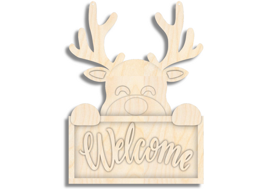 Unfinished Wood Welcome Reindeer Door Sign Kit | Wood Craft Cutouts | 1/4" Thick |