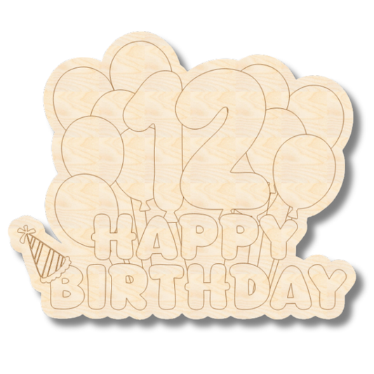 Unfinished Wood Etched 12th Birthday Balloons Shape | Paint By Line Crafts | up to 30" DIY