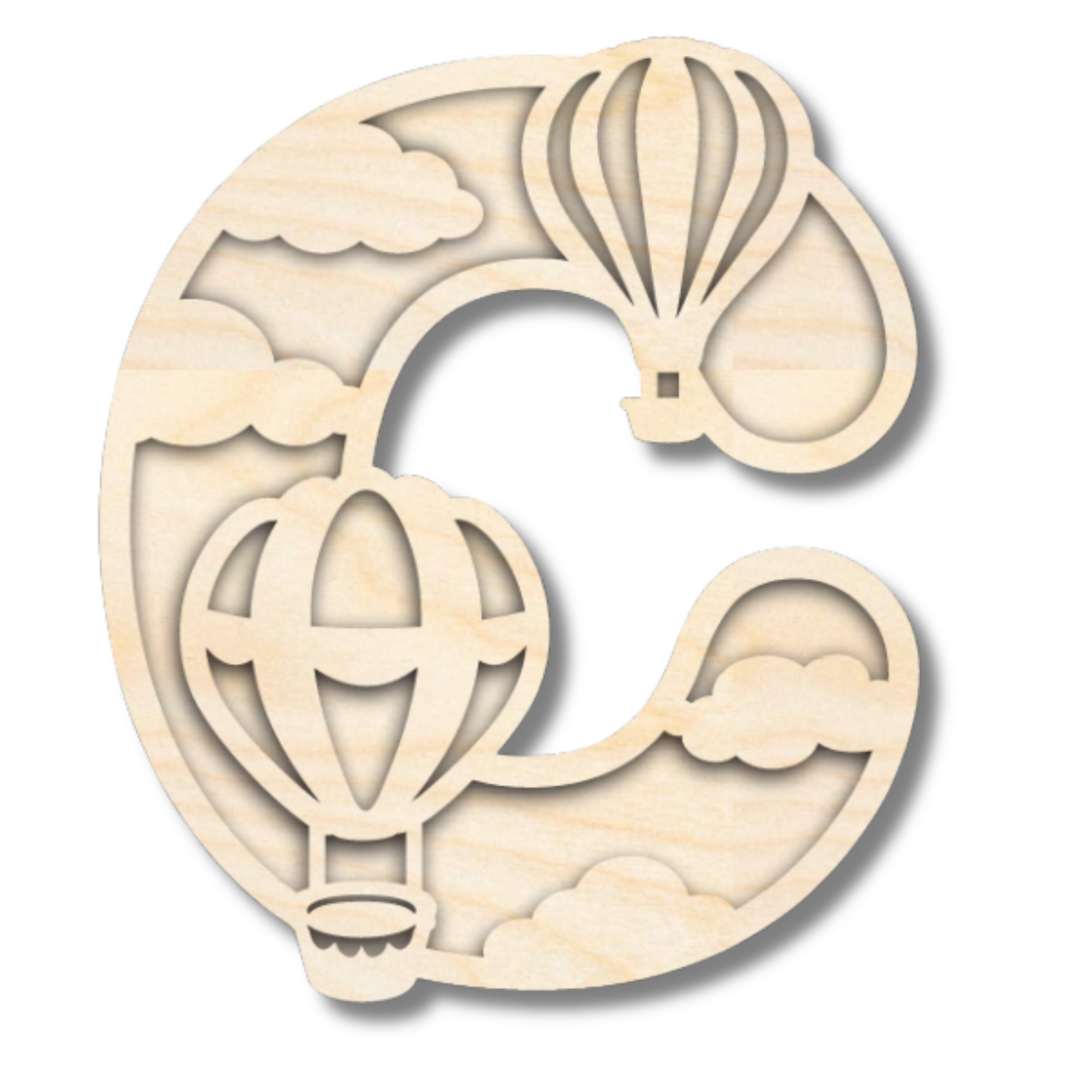 Unfinished Wood Layered Themed Letters | Clouds & Hot Air Balloons | A-Z | 2 Piece | up to 24"