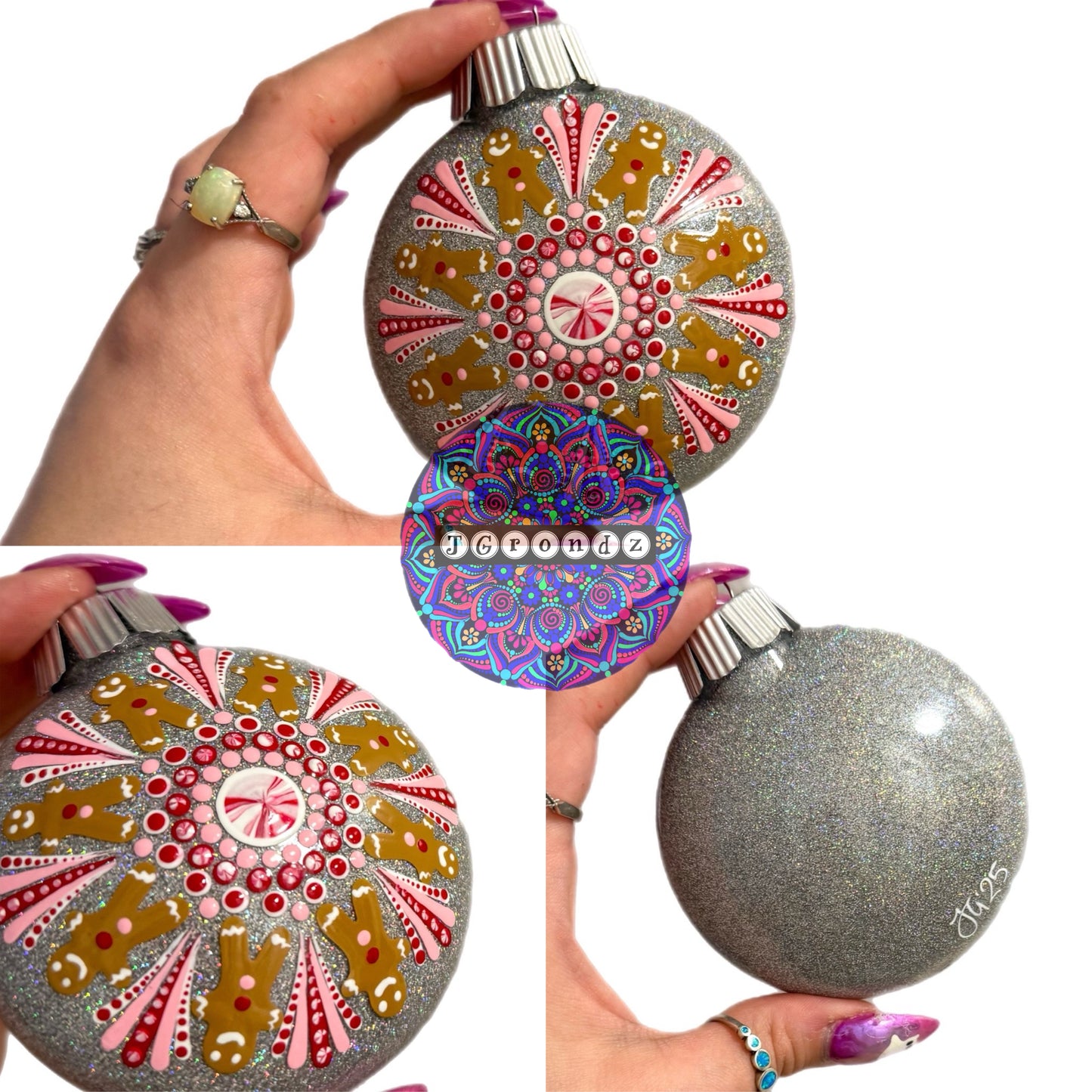 3” Peppermint Gingerbread Mandala Glitter Ornament