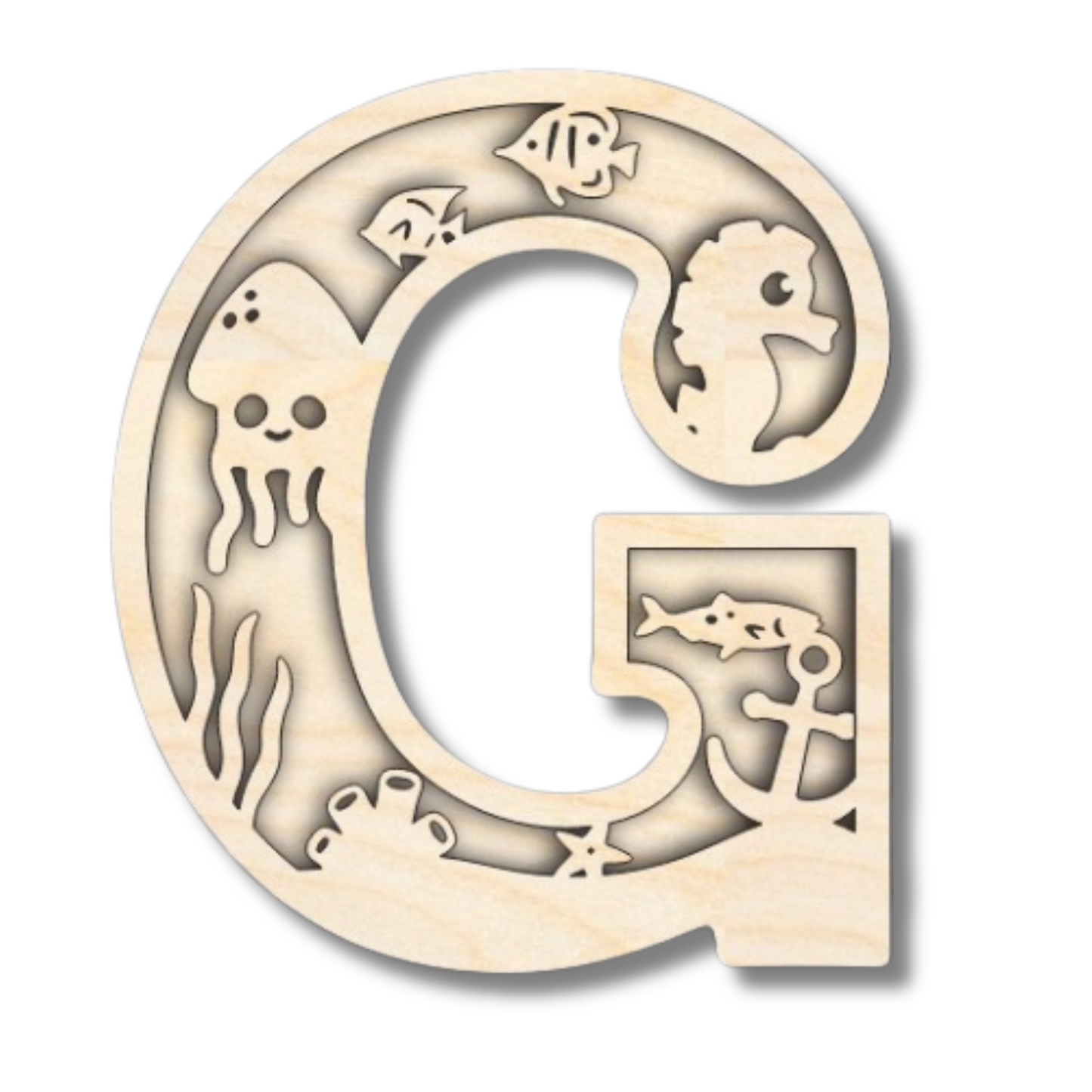 Unfinished Wood Layered Themed Letters | Ocean | A-Z | 2 Piece | up to 24"