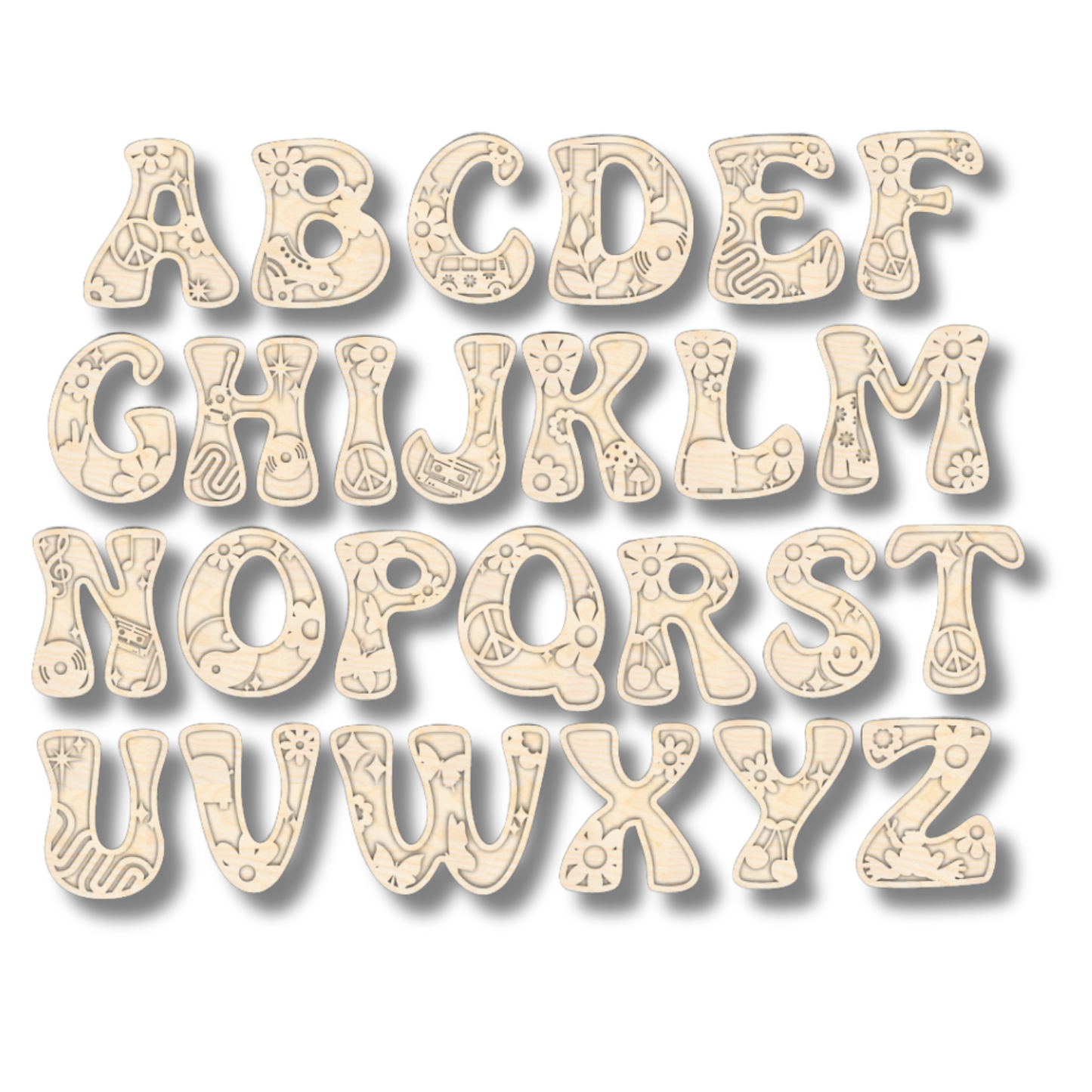 Unfinished Wood Layered Themed Letters | Groovy | A-Z | 2 Piece | up to 24"