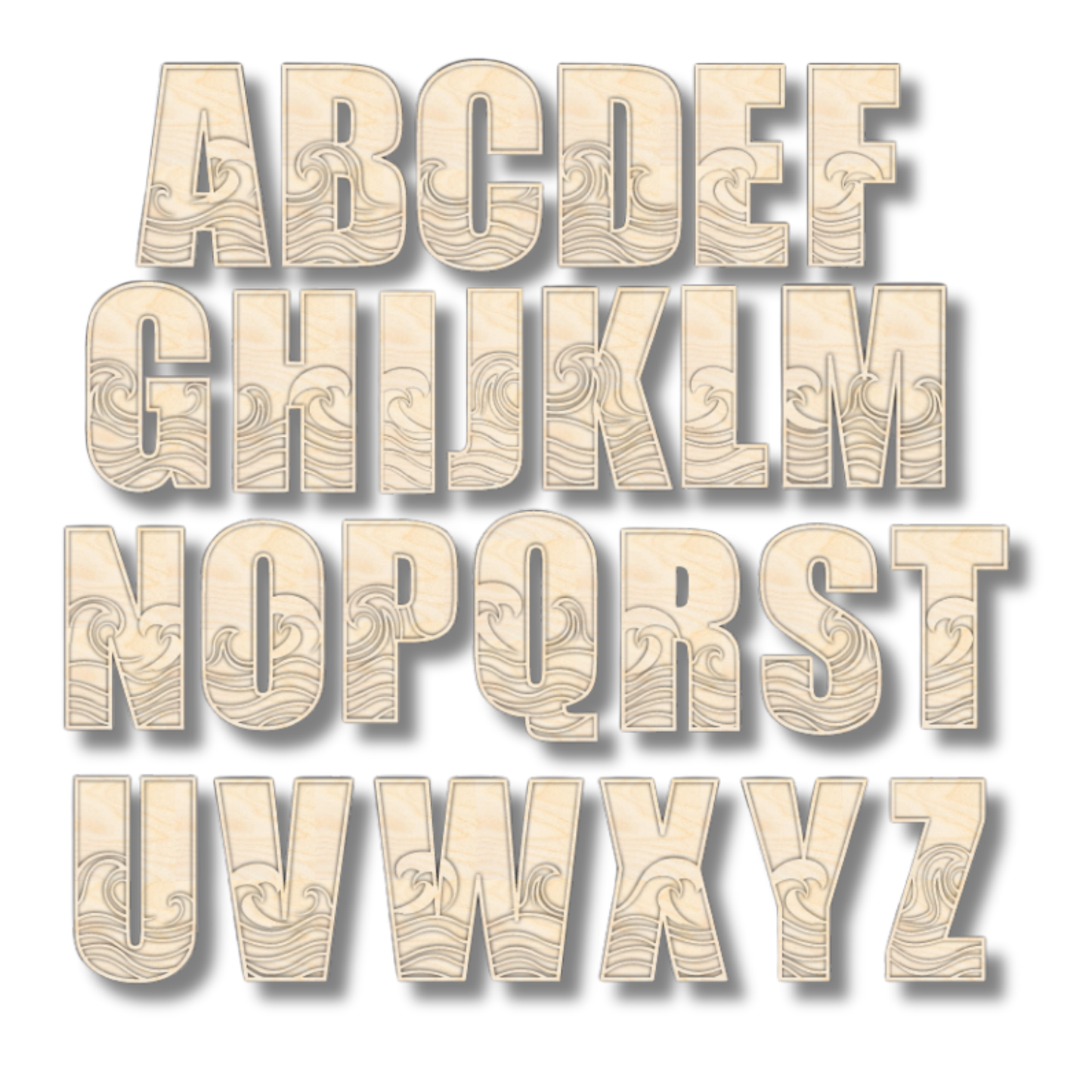 Unfinished Wood Layered Themed Letters | Wave | A-Z | 2 Piece | up to 24"